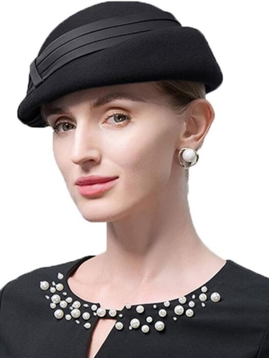 Women\'s Wool Felt Ribbon French Fashion Vintage Millinery Beret Hats Black